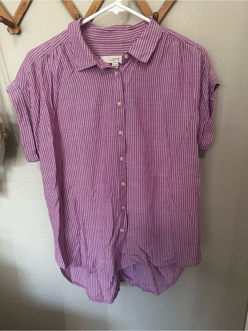 LOFT Purple and White Striped Short-Sleeve Button-Down Shirt